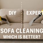 DIY vs Expert Sofa Cleaning comparison – side-by-side image showing a sofa cleaned with home vacuum vs professional upholstery machine.