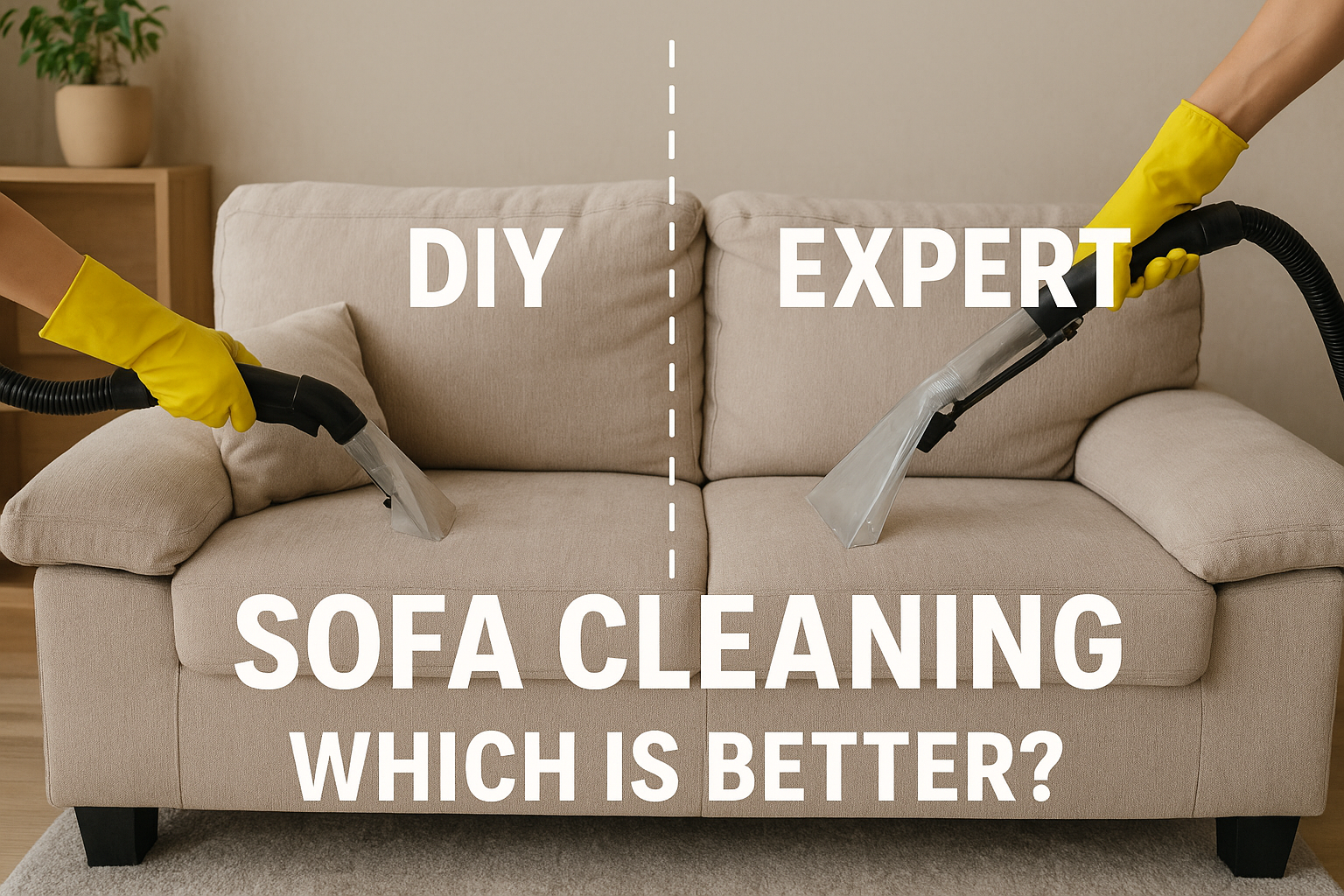 DIY vs Expert Sofa Cleaning comparison – side-by-side image showing a sofa cleaned with home vacuum vs professional upholstery machine.