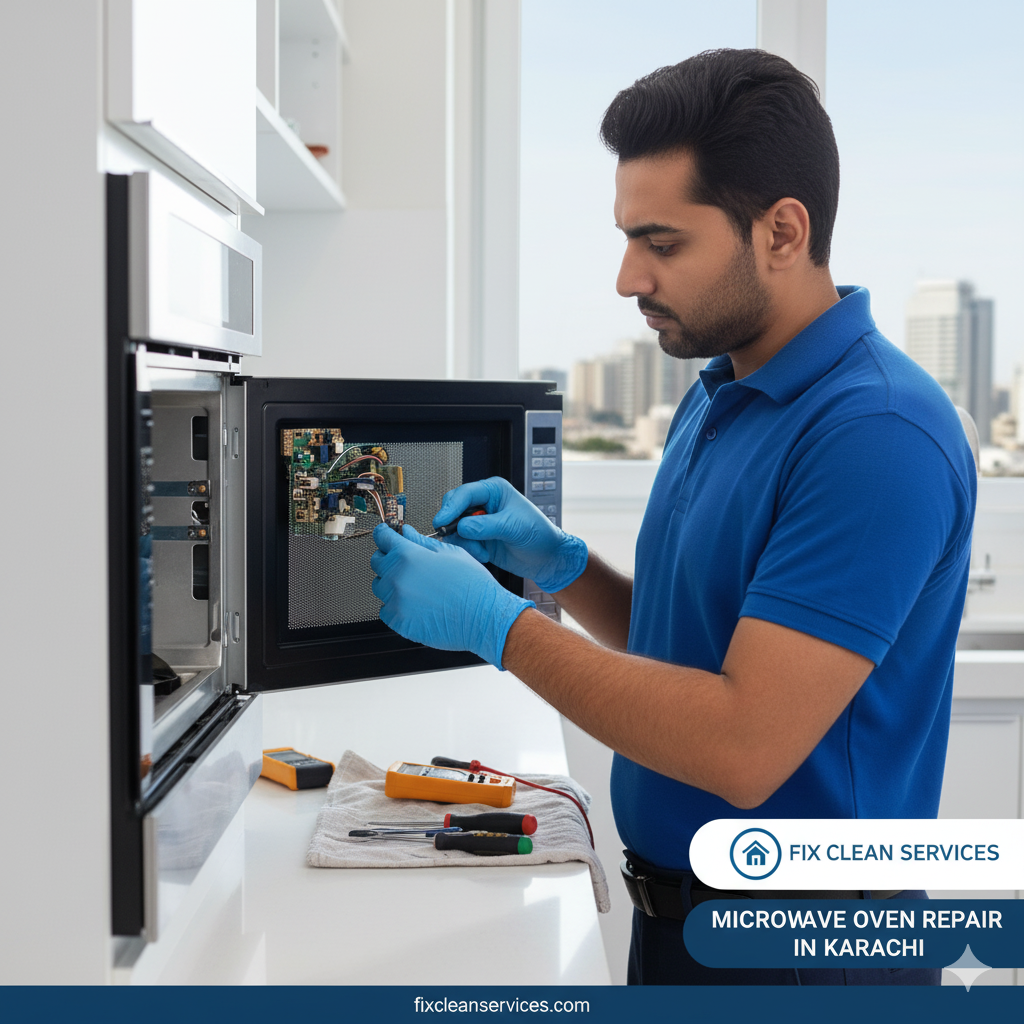 Microwave oven repair in Karachi – technician fixing display