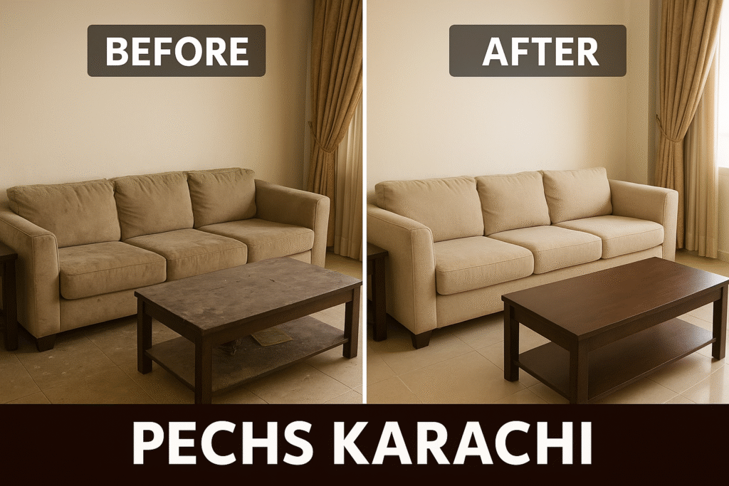 Before and after living room cleaning in PECHS Karachi showing sofa and table transformation