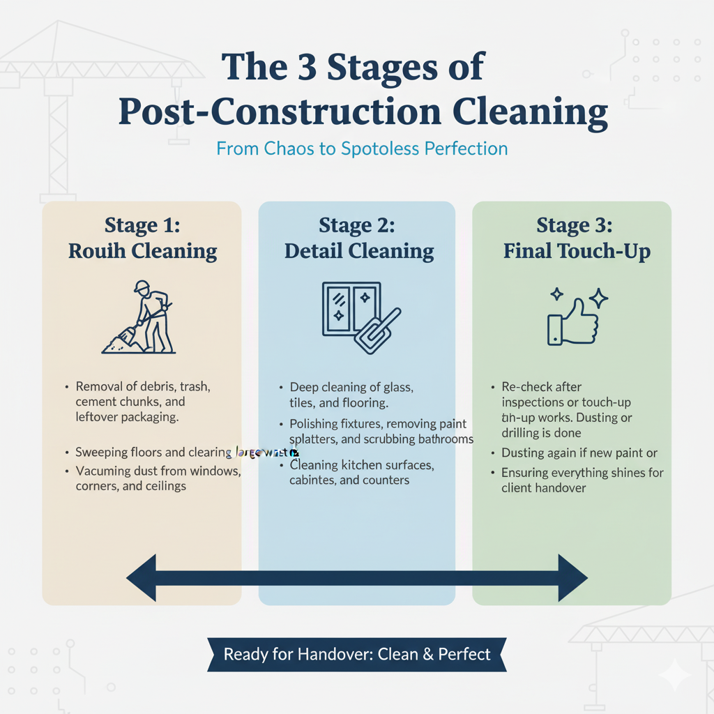 3 Stages of Post Construction Cleaning, rough cleaning, Detail Cleaning, Final Touch-Up