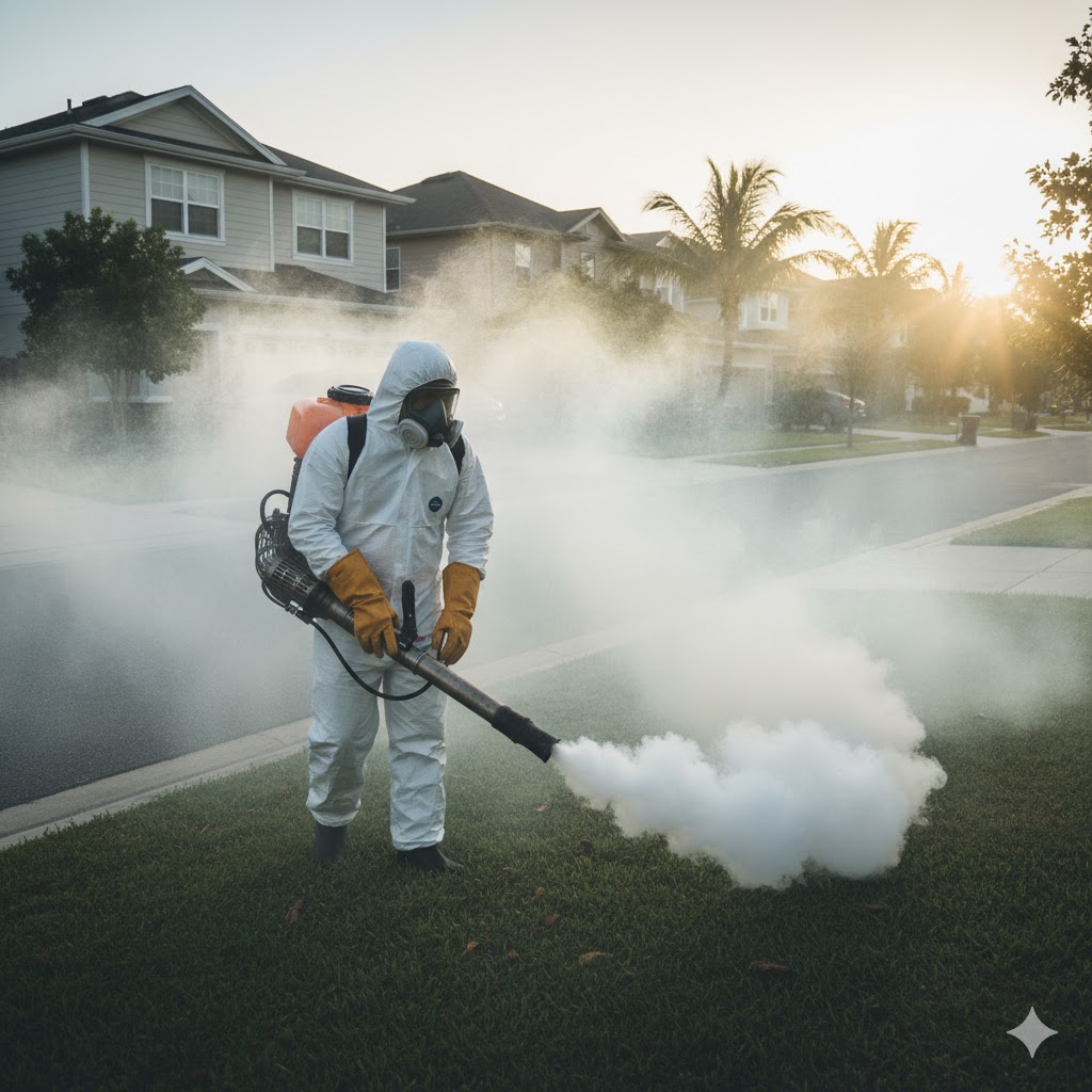 A health worker conducting mosquito fogging in a residential area with protective mask