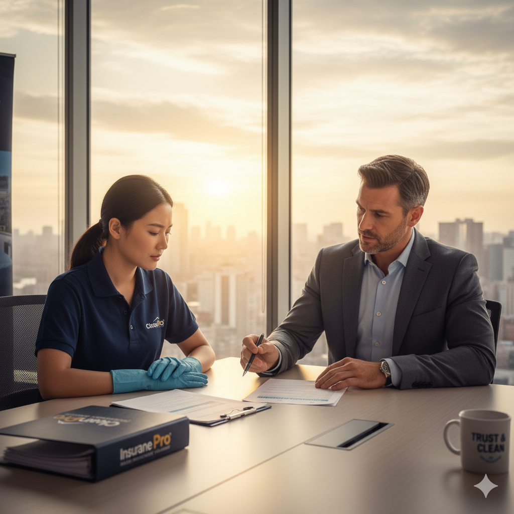 Insurance representative reviewing claim form with cleaner