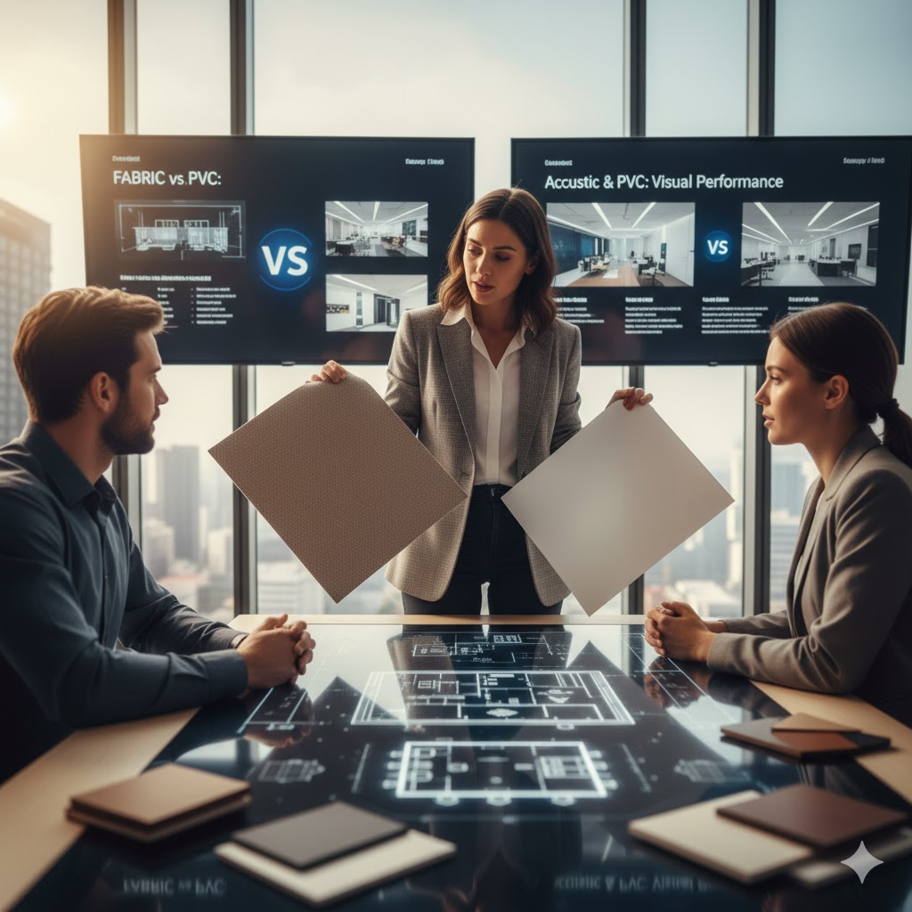  Architect presenting ceiling material samples comparing fabric and PVC stretch options for an office renovation project 