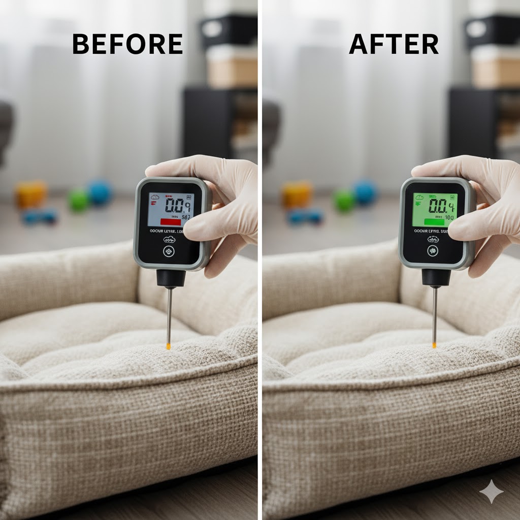 Before and after odor meter reading for pet bedding treated with enzyme cleaner