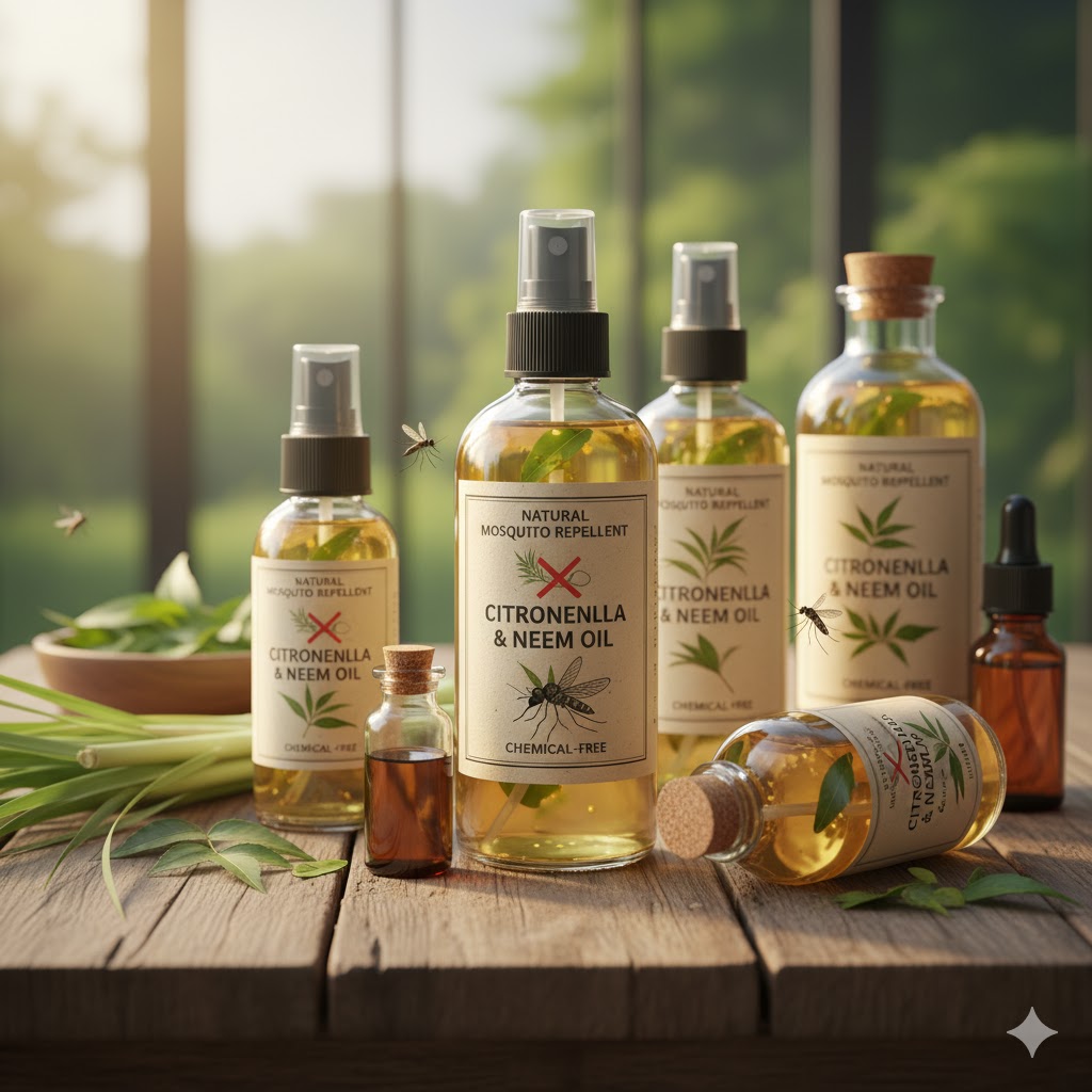 Bottles of natural mosquito repellent made from citronella and neem oi