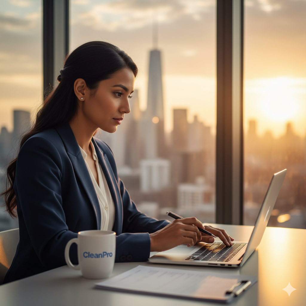 Business owner comparing cleaning insurance quotes online