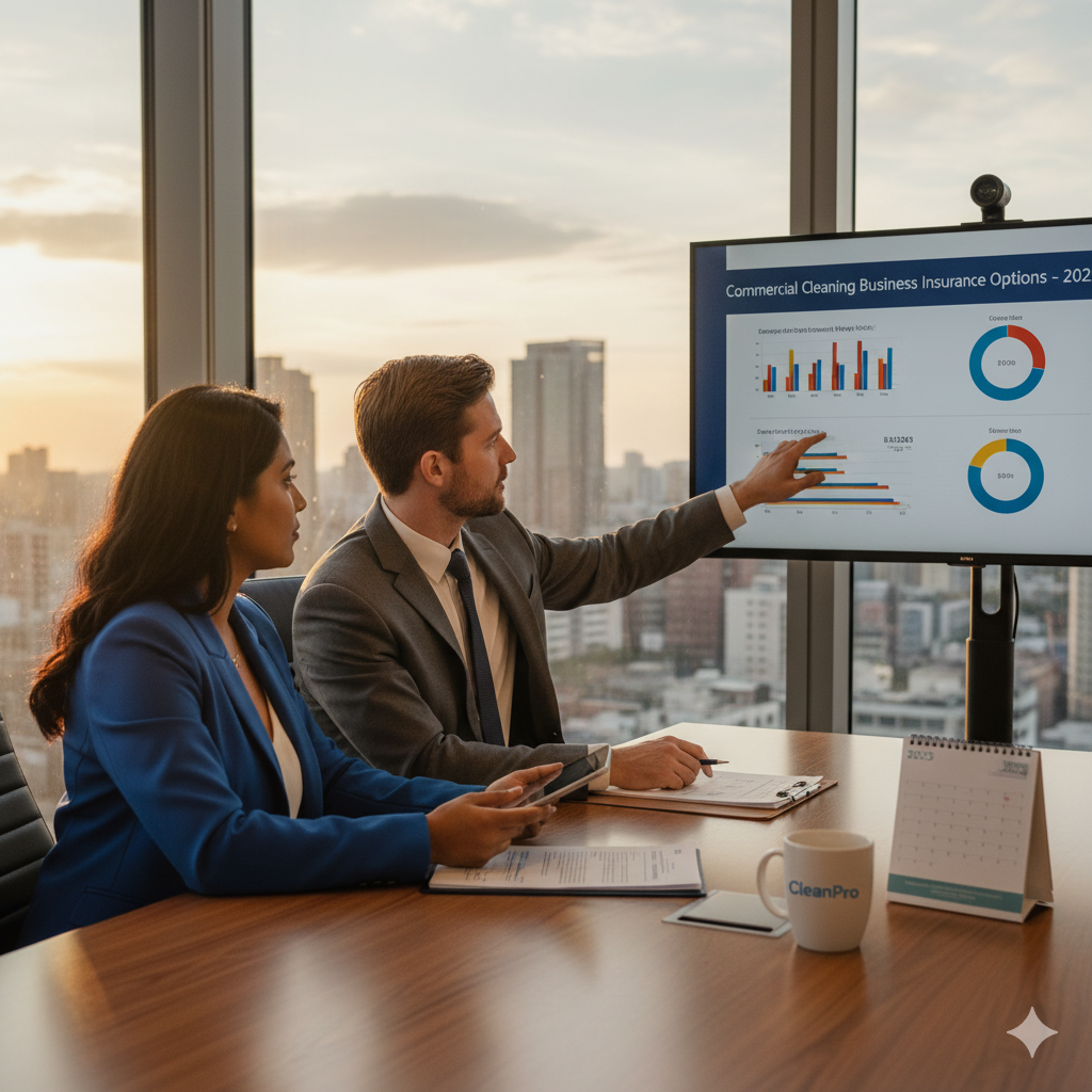 Business owner meeting insurance advisor for annual review in an office setting