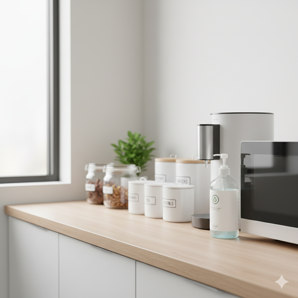 Clean and organized office pantry with labeled storage and sanitizer bottle