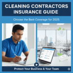 Cleaner comparing insurance packages on laptop – cleaning contractors insurance guide
