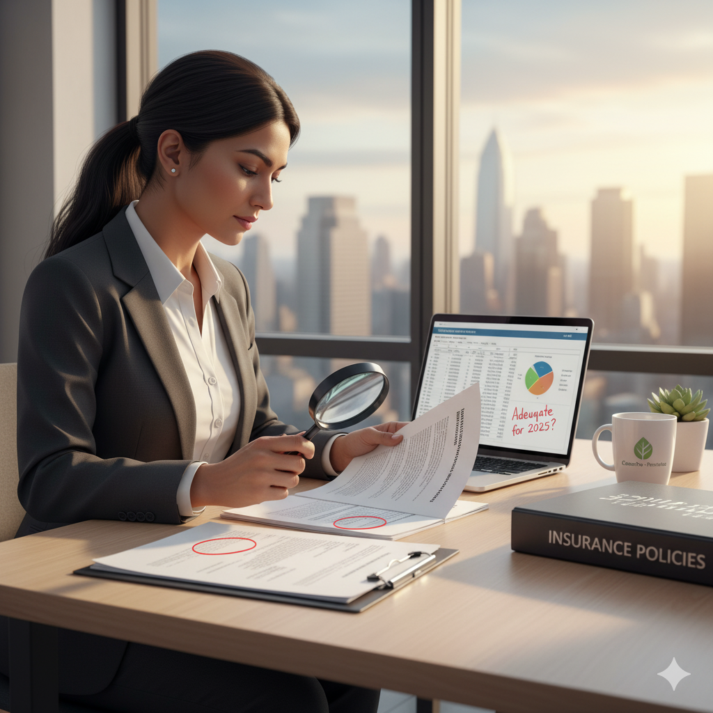 Cleaning company owner reviewing insurance policy limits with a pen and document