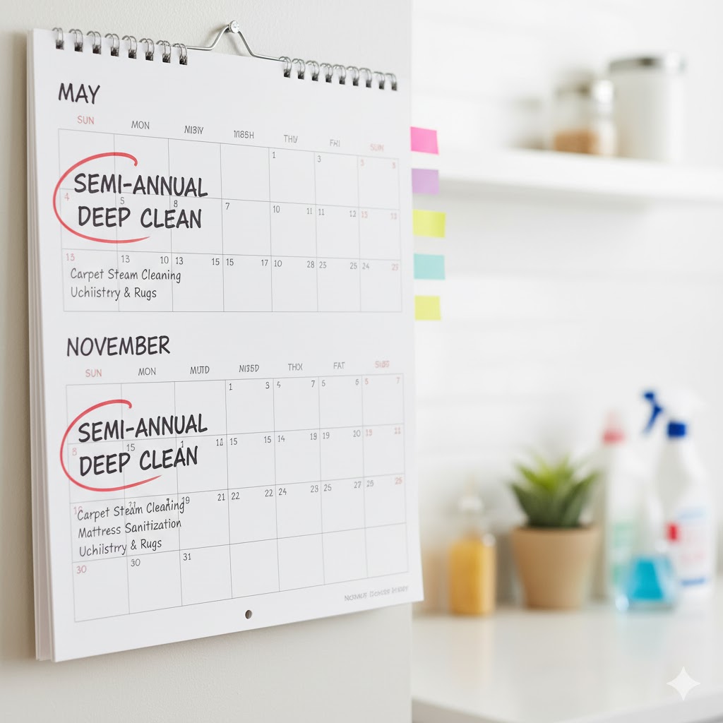 Cleaning schedule calendar with semi-annual reminders.
