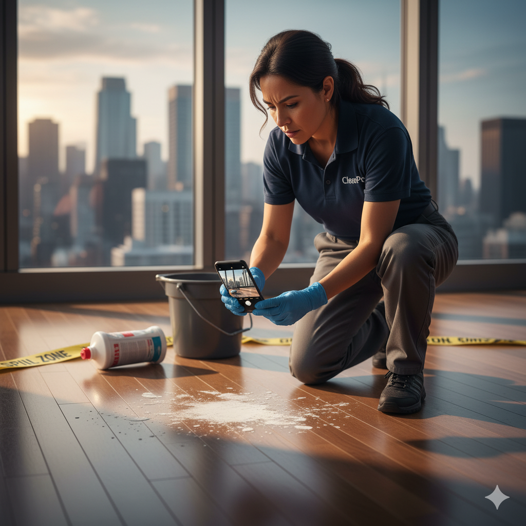 Cleaning supervisor taking photos of property damage for insurance claim