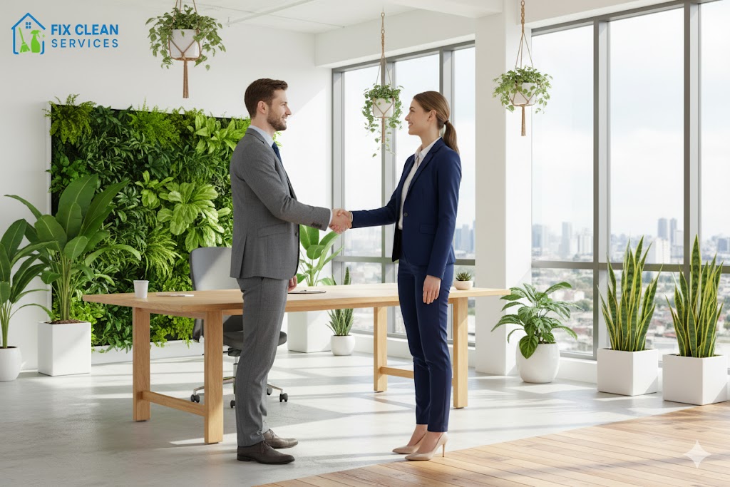 Client handshake in an office with sustainable and modern interior design