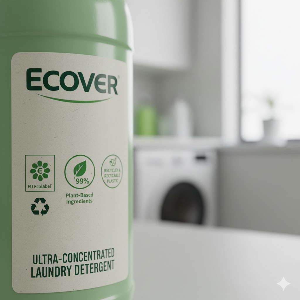 Close-up of Ecover label showing plant-based icons