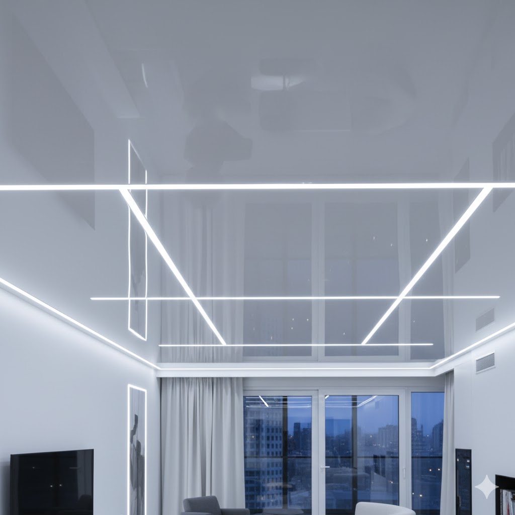 Close-up of glossy PVC stretch ceiling with concealed LED strips in a modern apartment Close-up of glossy PVC stretch ceiling with concealed LED strips in a modern apartment