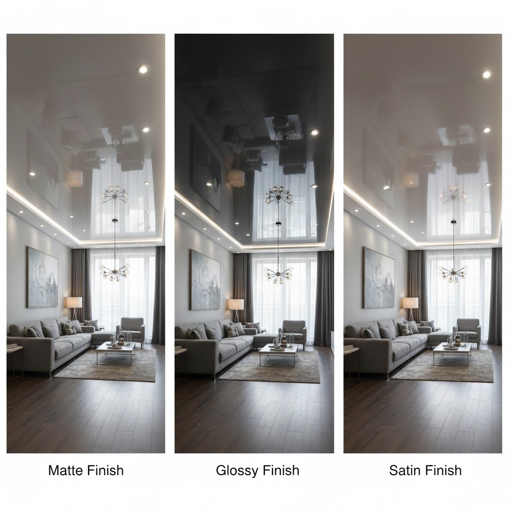 Comparison of matte, glossy, and satin ceiling finishes in modern interiors