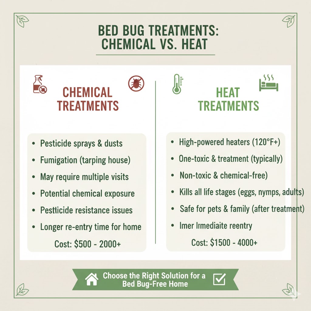Comparison table of chemical vs heat bed bug treatments 