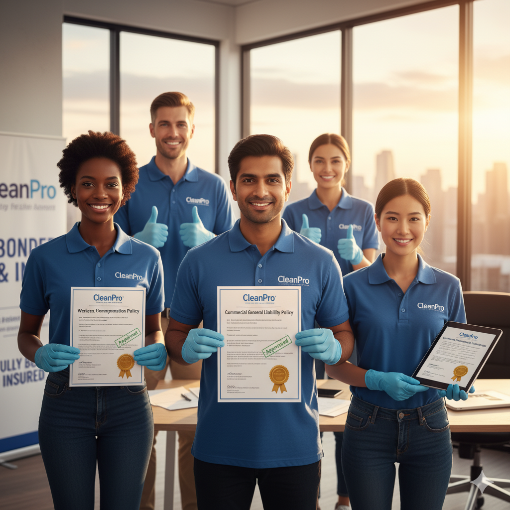 Confident cleaning team posing with insurance documents in office