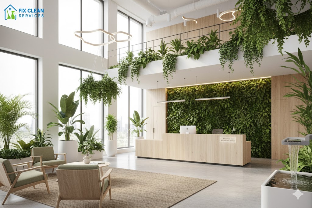 Corporate office lobby with eco-friendly design and plants symbolizing sustainability
