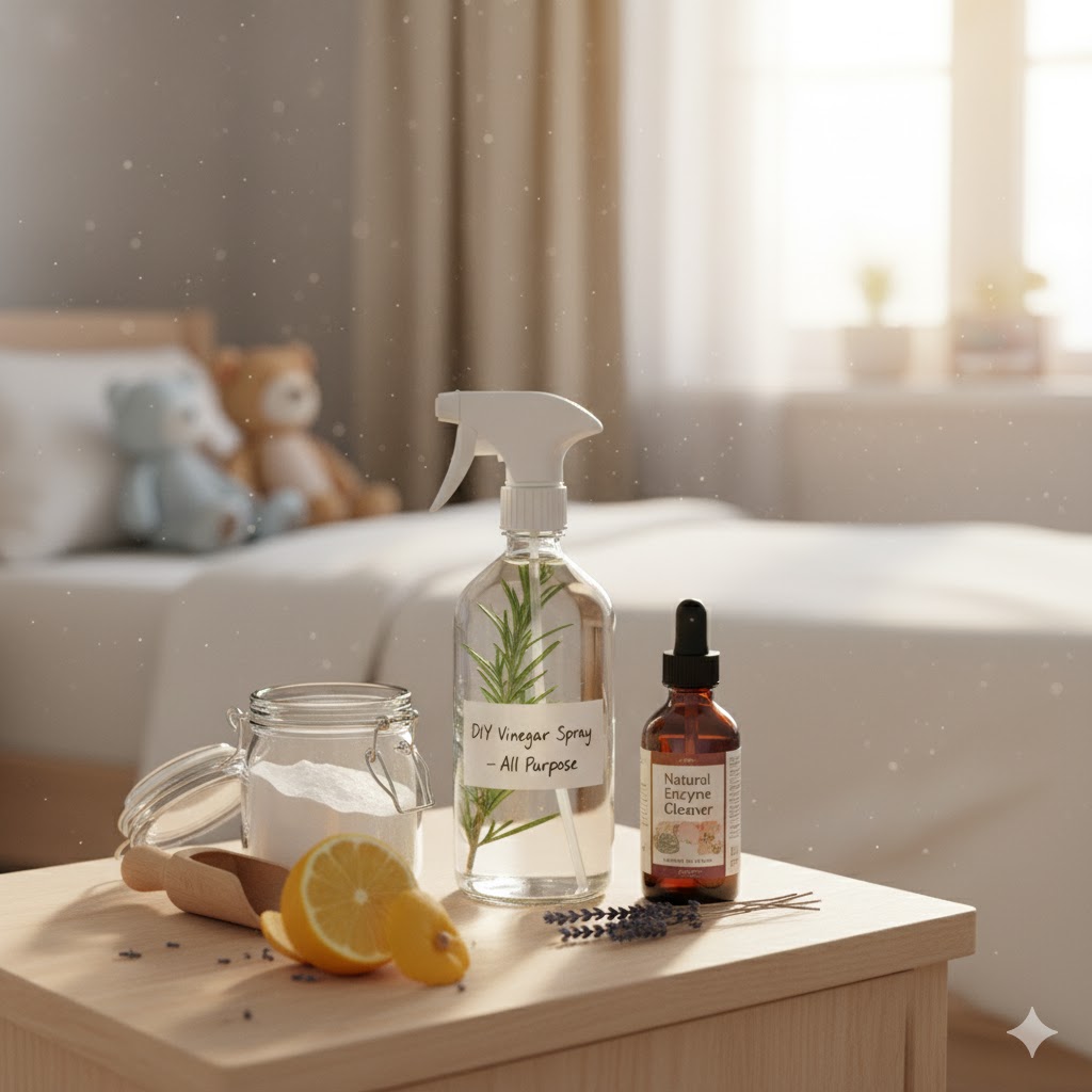 DIY eco cleaning setup vinegar spray, baking soda jar, enzyme bottle on bedside table