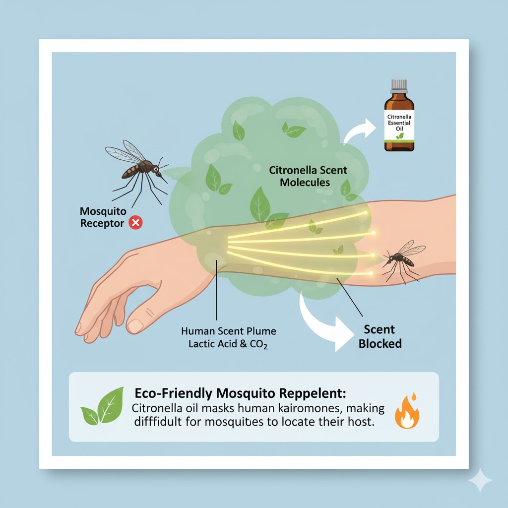 Diagram showing how citronella oil masks human scent to repel mosquitoes.