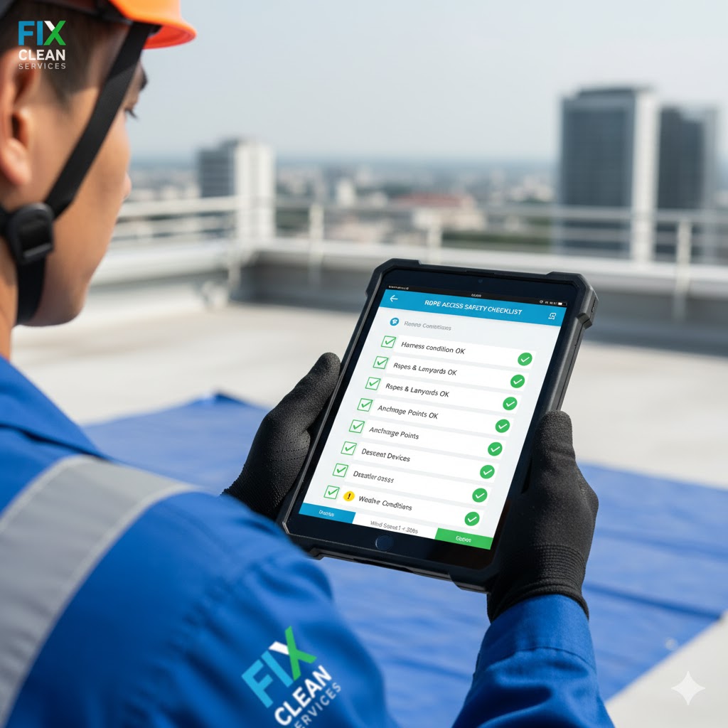 Digital tablet showing rope access safety checklist in inspection app