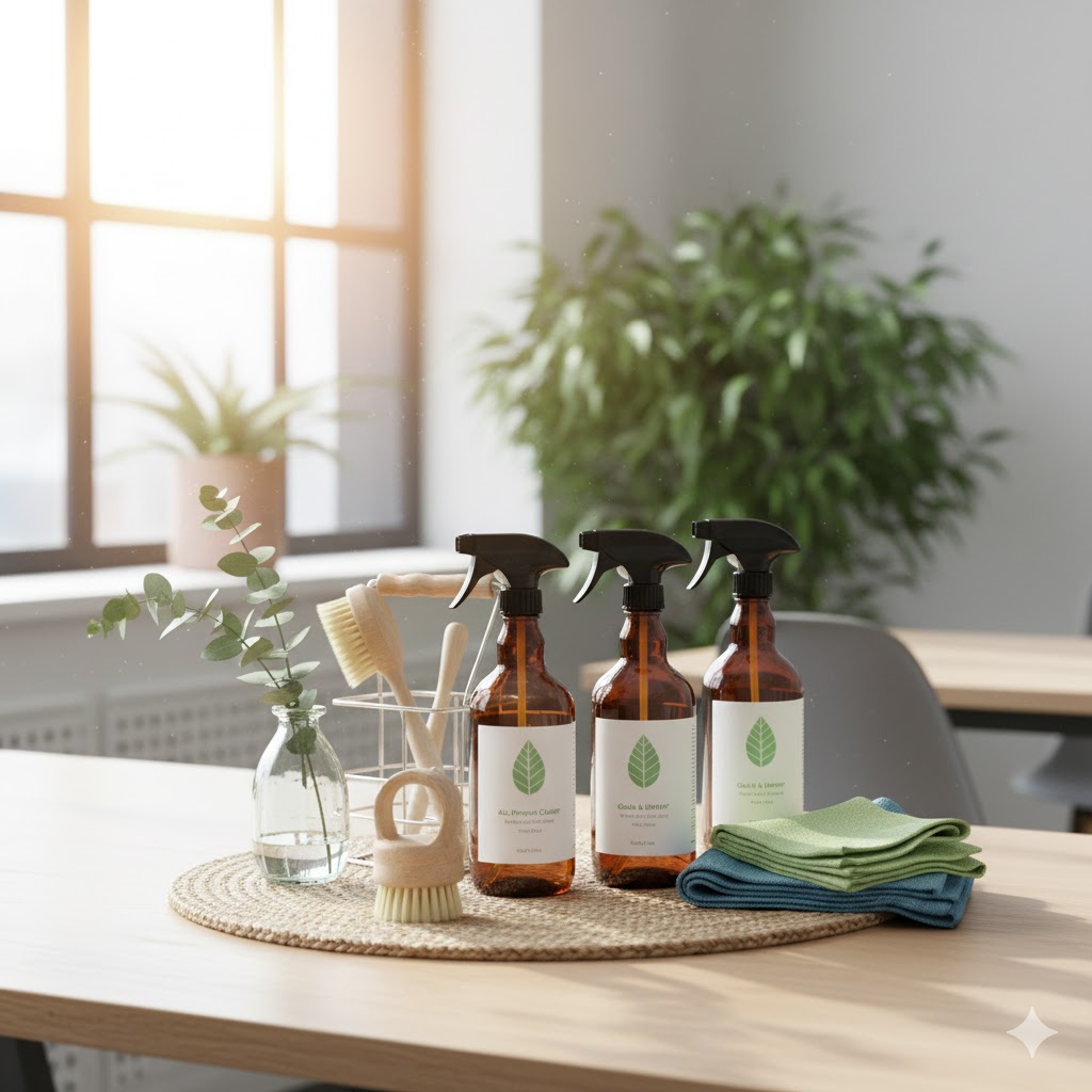 Eco-friendly office cleaning supplies arranged on a desk with natural light