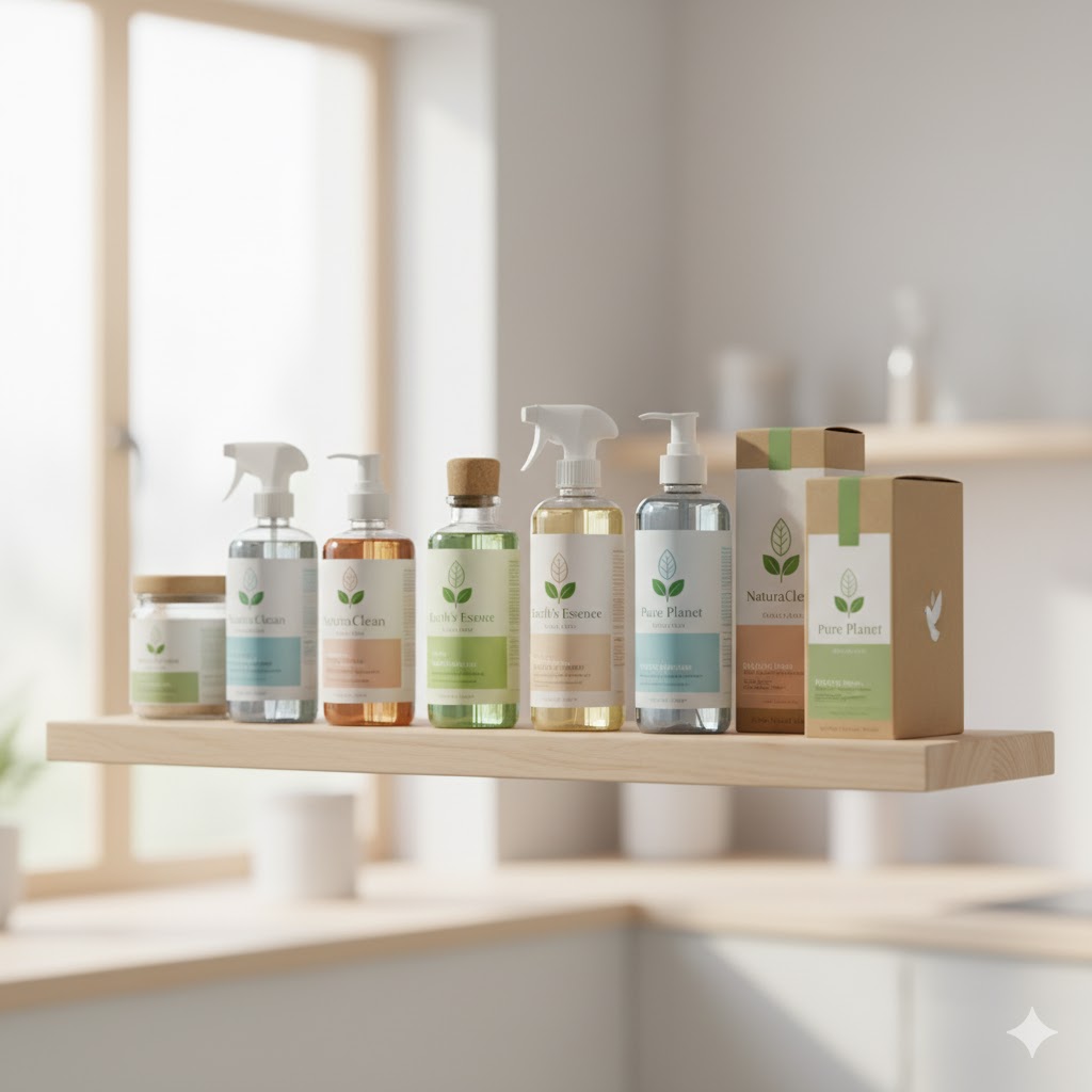 Eco-labeled cleaning products arranged neatly on wooden shelf