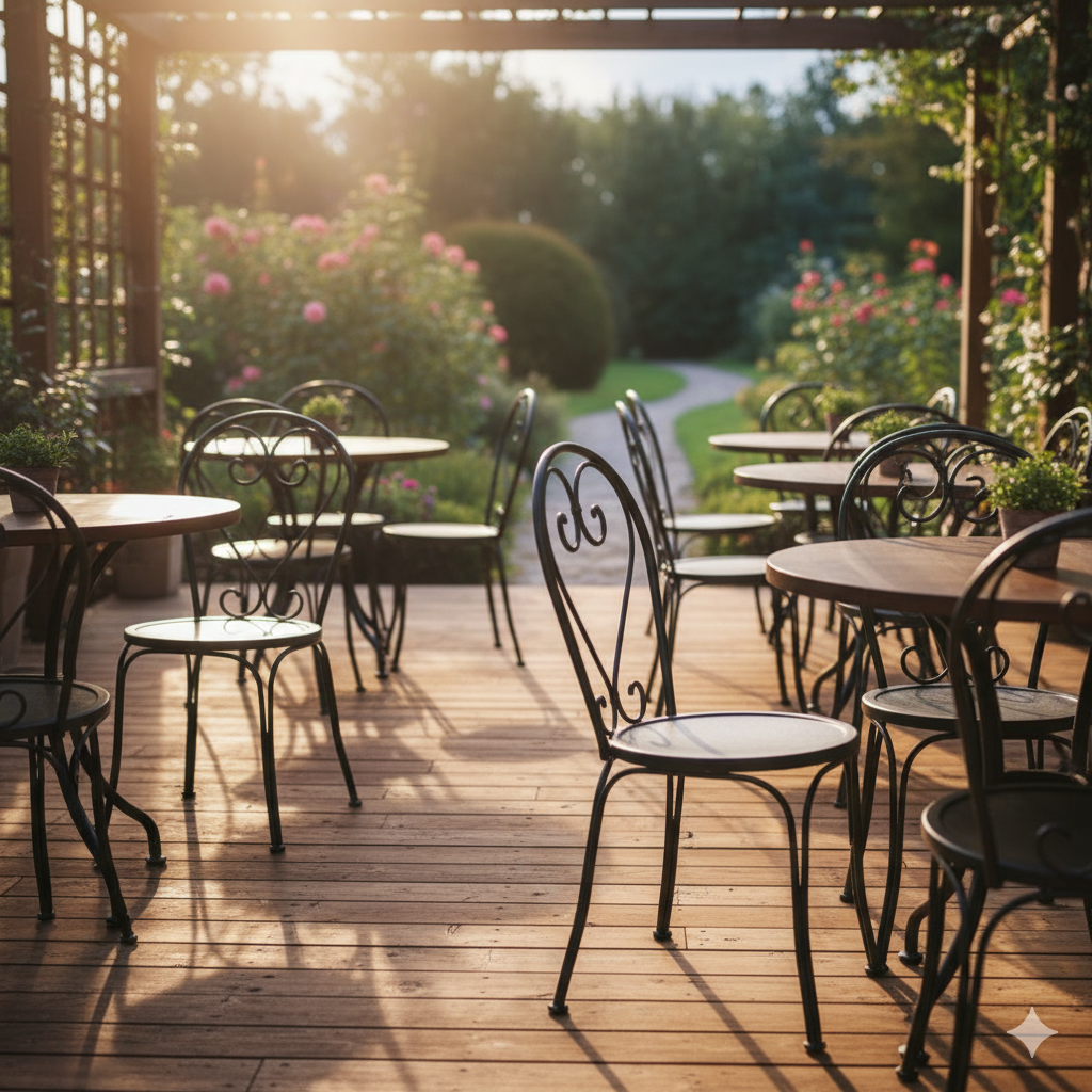 Elegant iron restaurant chairs arranged on wooden deck under sunlight