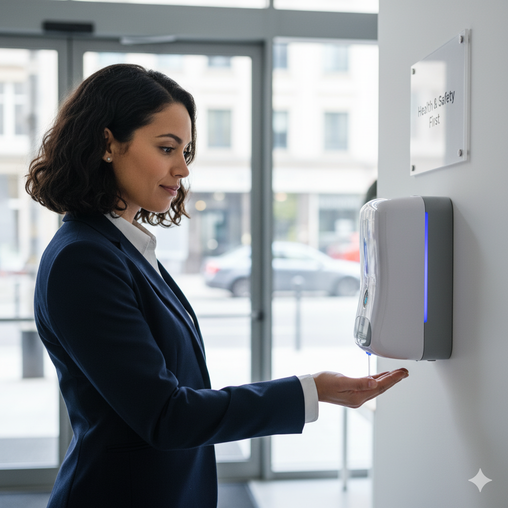 Employee using hand sanitizer dispenser at office entrance