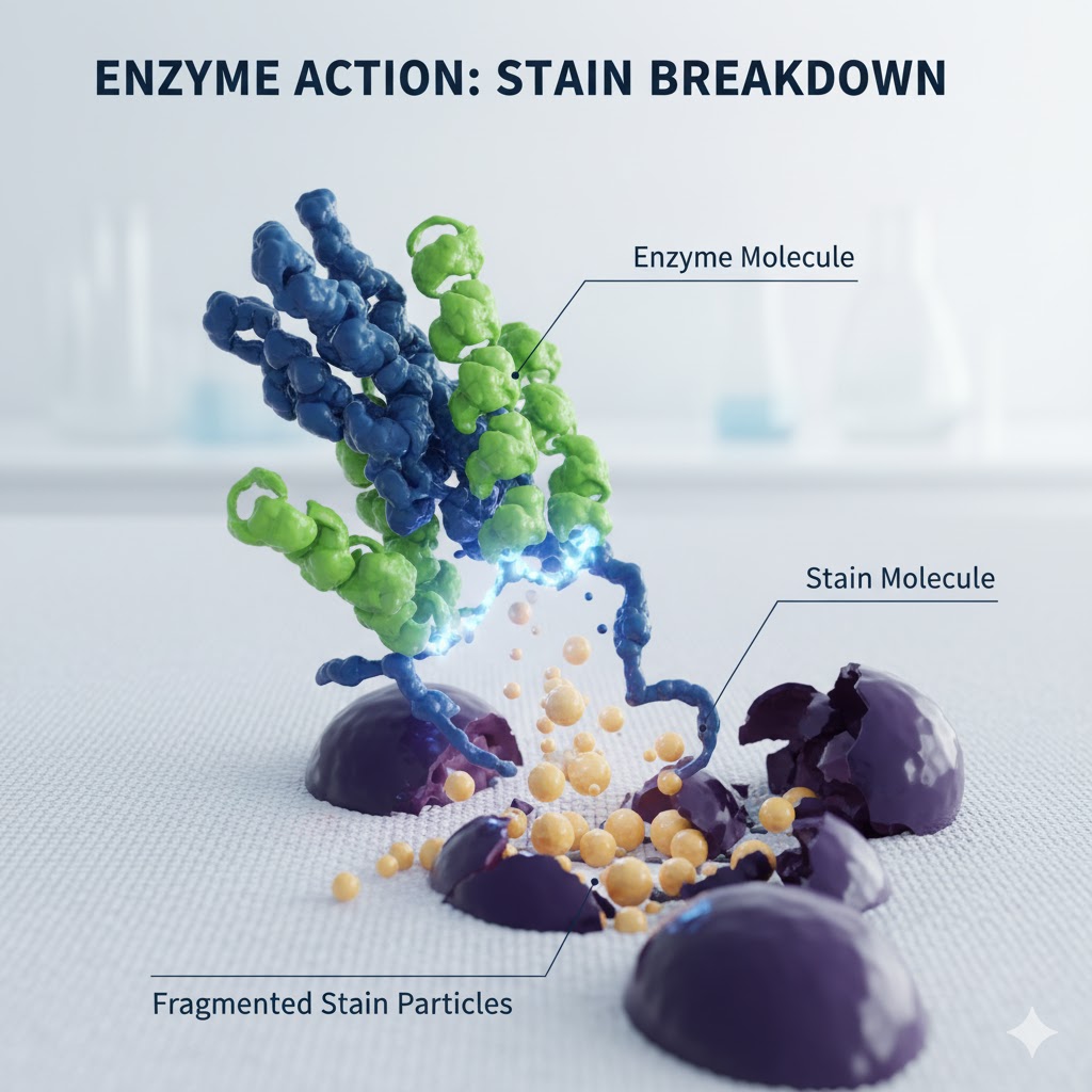 Enzyme action graphic showing stain molecules breaking down.