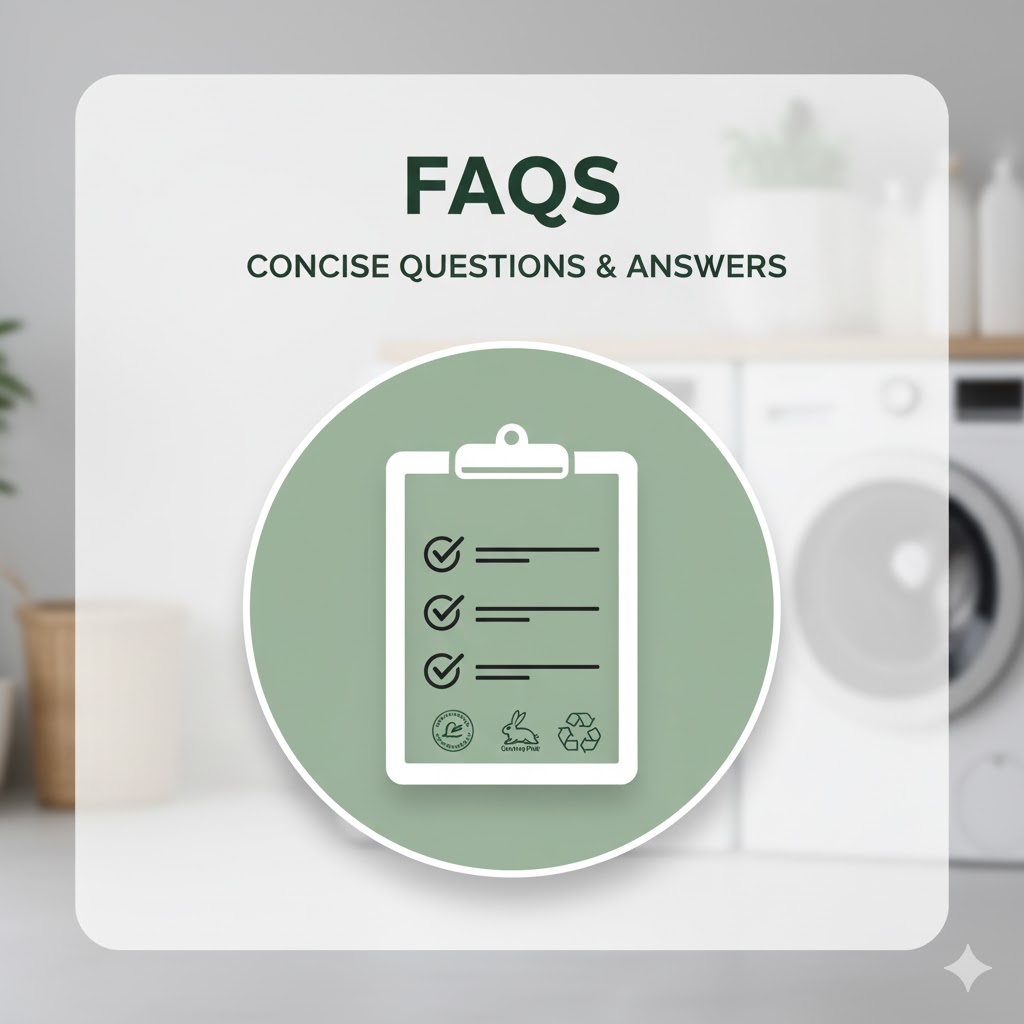 FAQ section icon with checklist and eco logos indicating concise questions and answers.