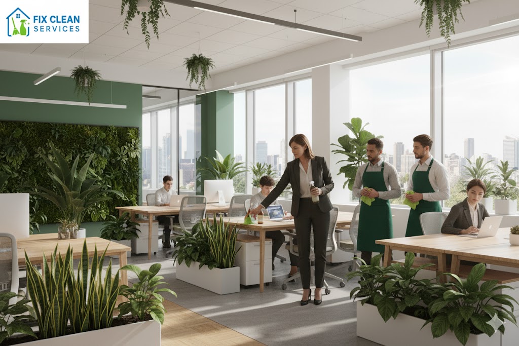 Facility manager training staff on eco-friendly office cleaning practices