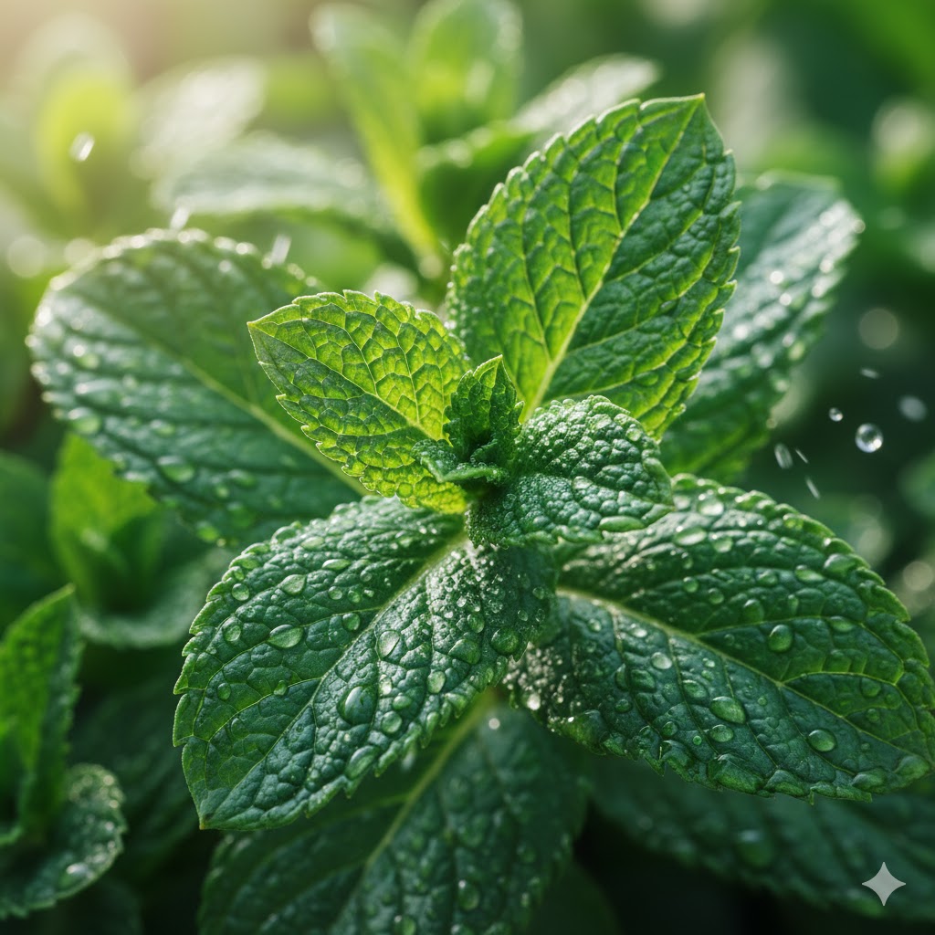 Fresh mint leaves glistening with water drops after watering. Fresh mint leaves glistening with water drops after watering.