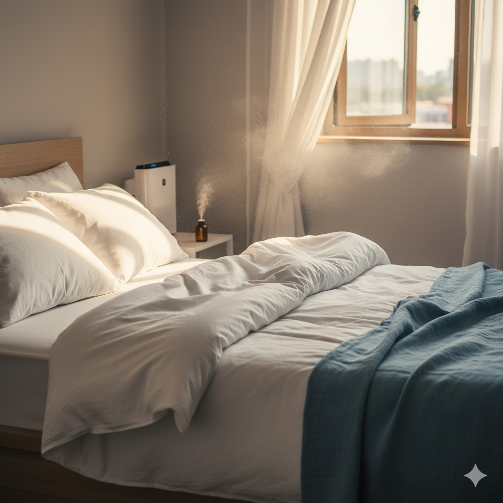 Freshly washed bed linens drying after post-virus cleaning.