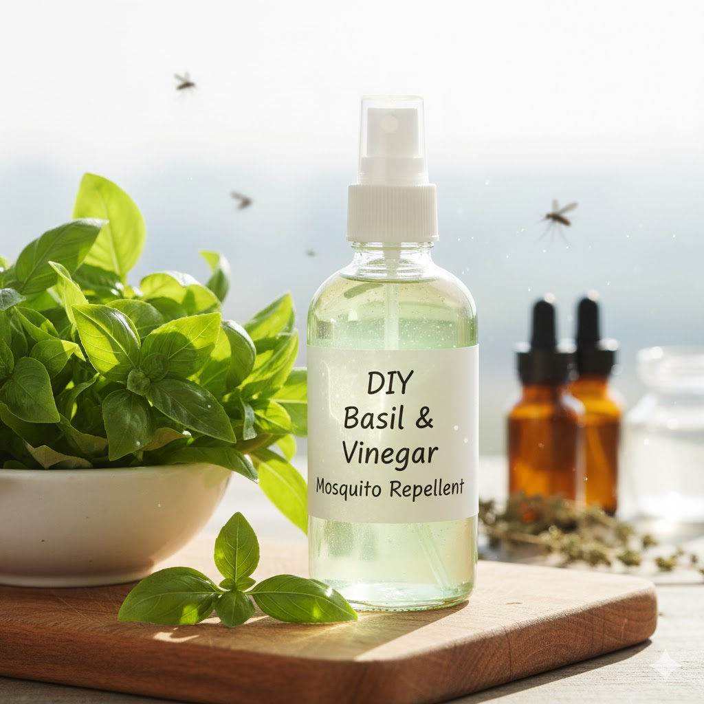Glass spray bottle of basil and vinegar mosquito repellent beside fresh basil