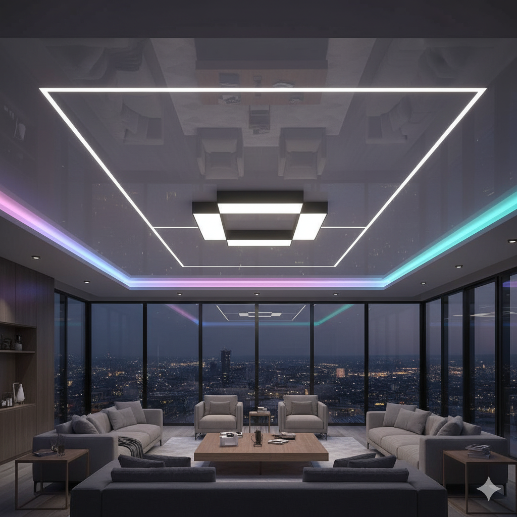 Glossy stretch ceiling with LED lighting reflection 