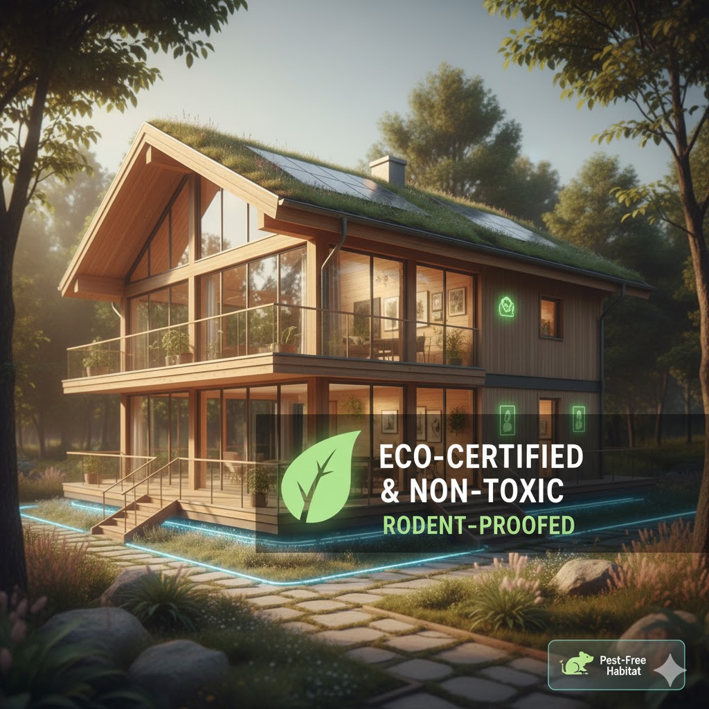 Green eco-certified home highlighting non-toxic rodent-proofing.