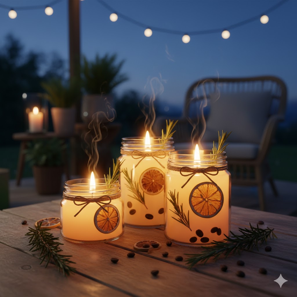 Homemade citronella candles glowing on a patio table
