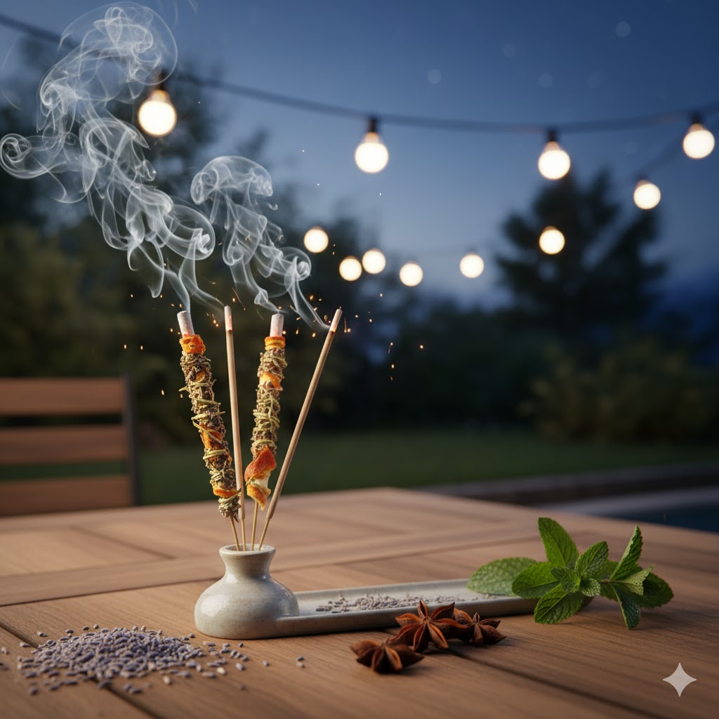 Homemade herbal incense sticks burning outdoors to repel mosquitoes