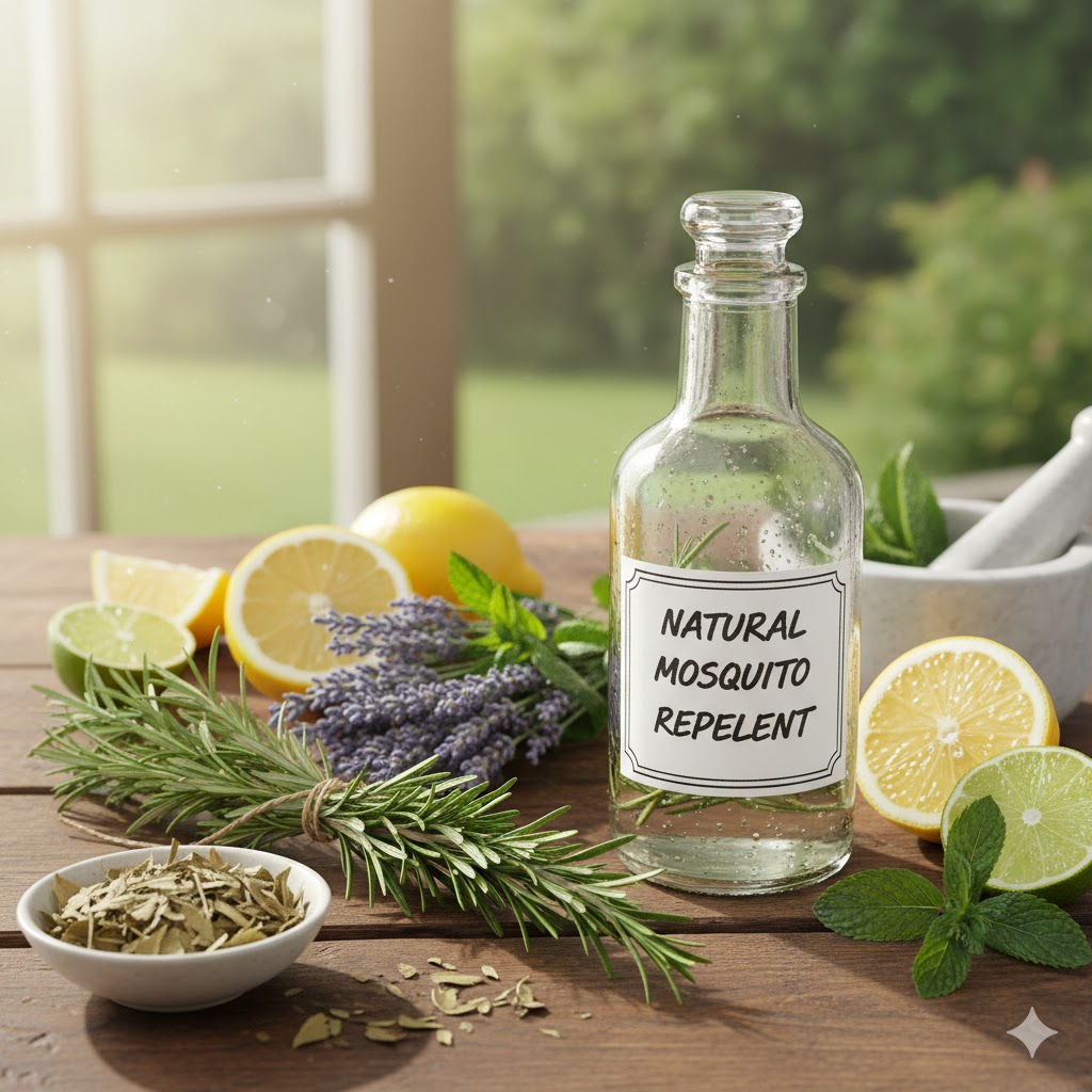 Homemade natural mosquito spray bottle beside fresh herbs.”