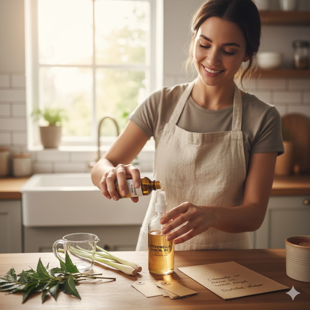 Homeowner preparing natural mosquito repellent spray in kitchen