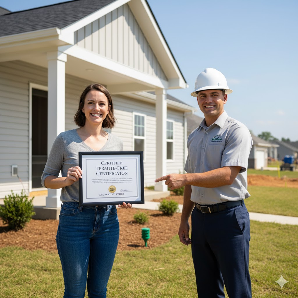 Homeowner receiving termite-free certification for a newly constructed house 