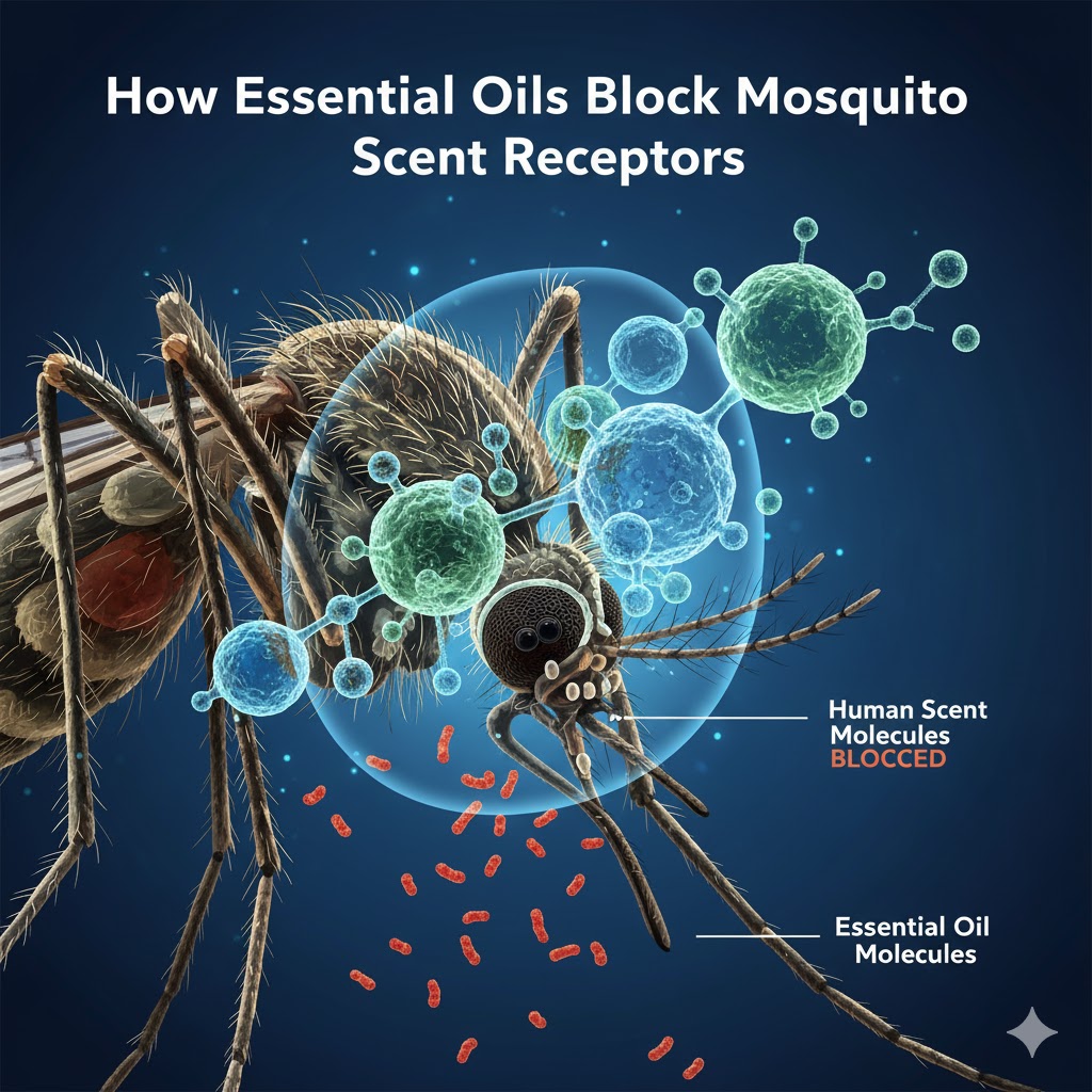 Illustration showing how essential oils block mosquito scent receptors