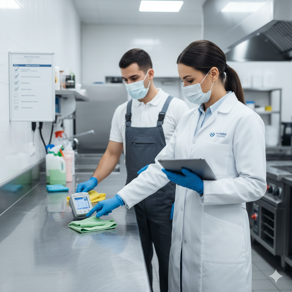 Inspector checking cleaning company’s safety and hygiene compliance