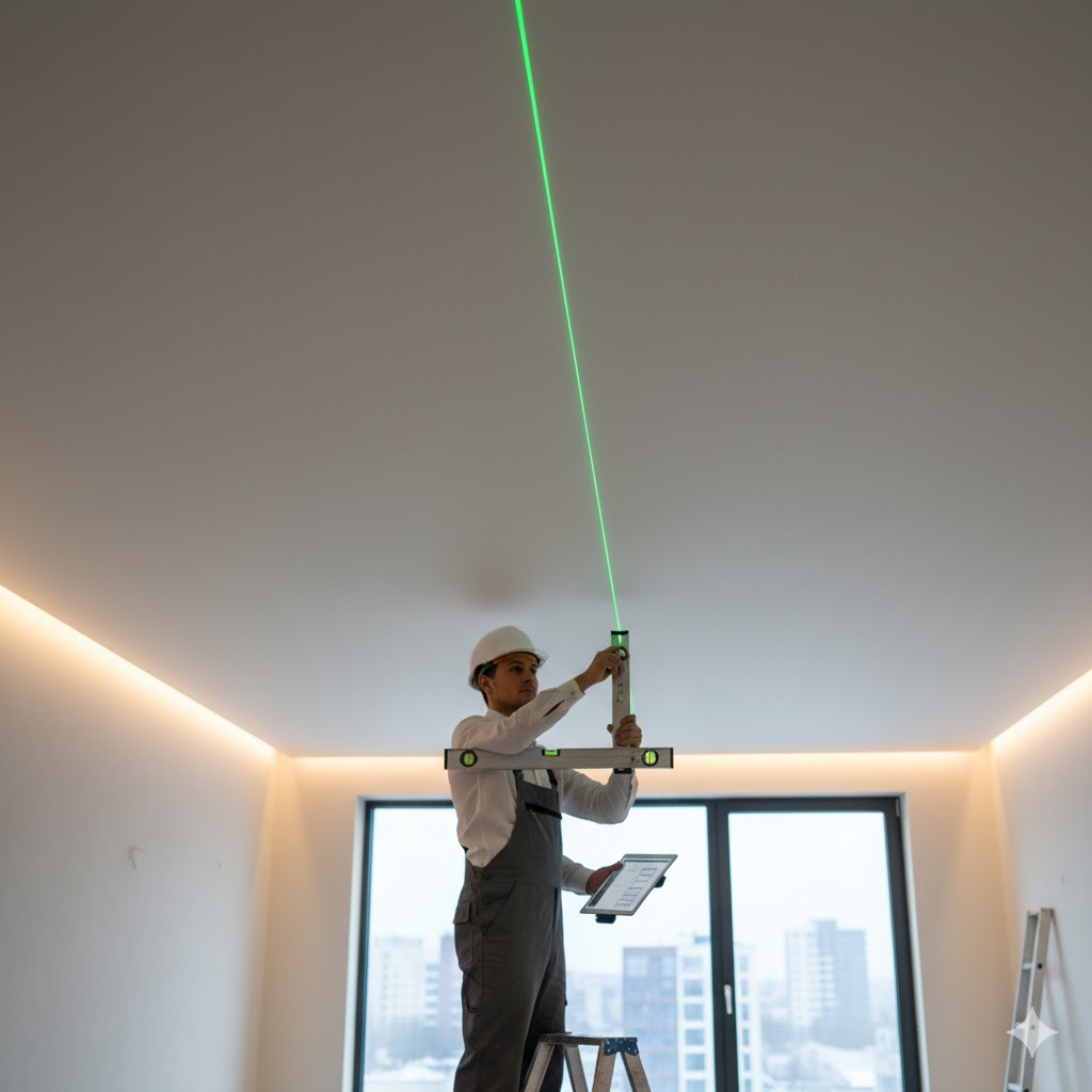 Inspector checking finished stretch ceiling alignment with laser level
