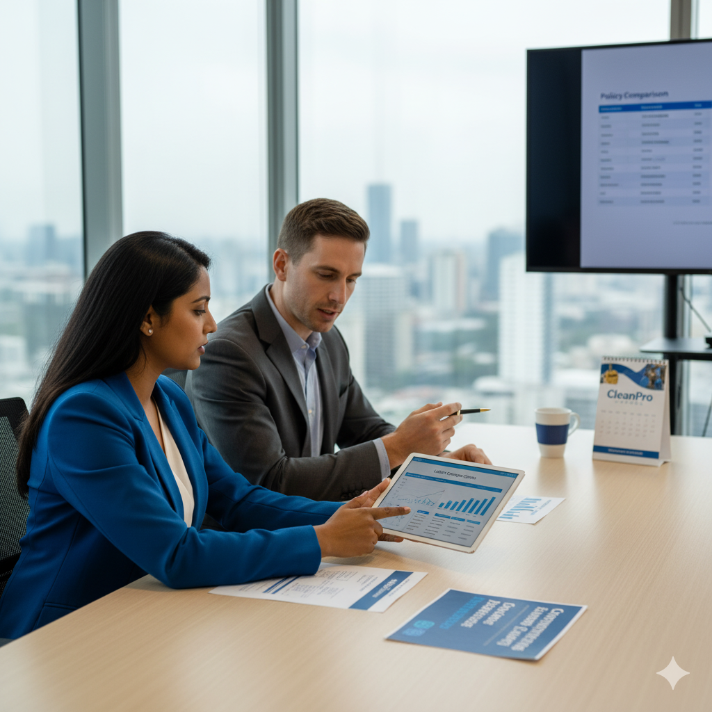 Insurance agent explaining cleaning company coverage options Insurance agent explaining cleaning company coverage options