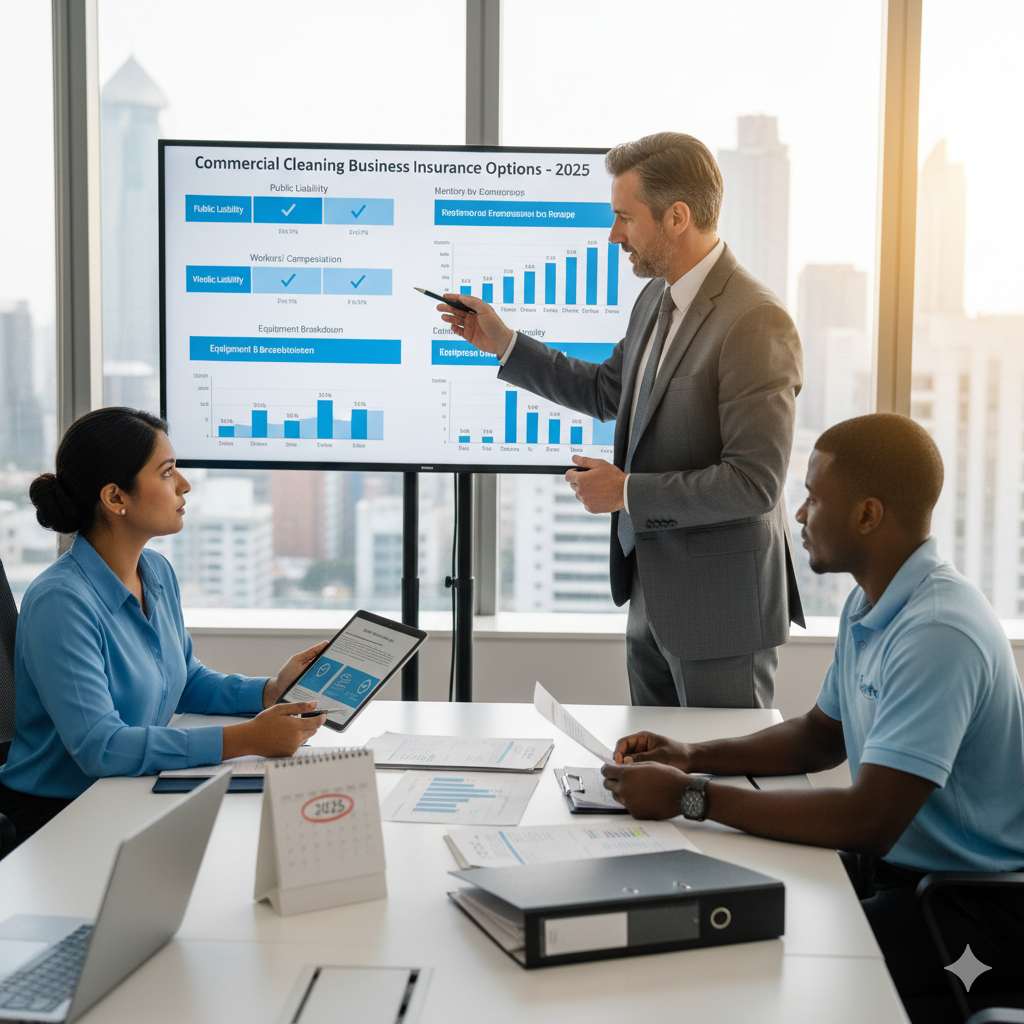 Insurance agent explaining liability policy options to cleaner