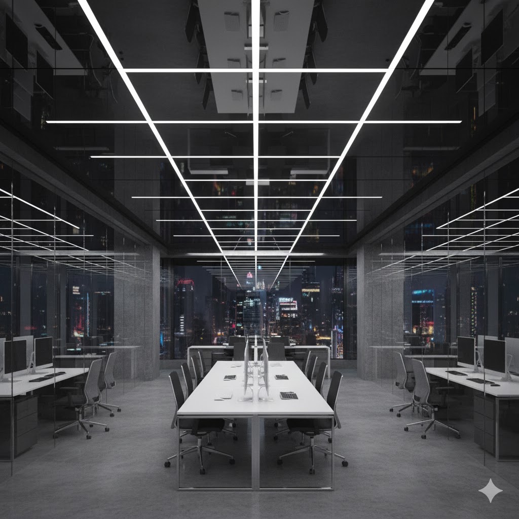 LED backlit PVC stretch ceiling design in a luxury office showing reflective light patterns 